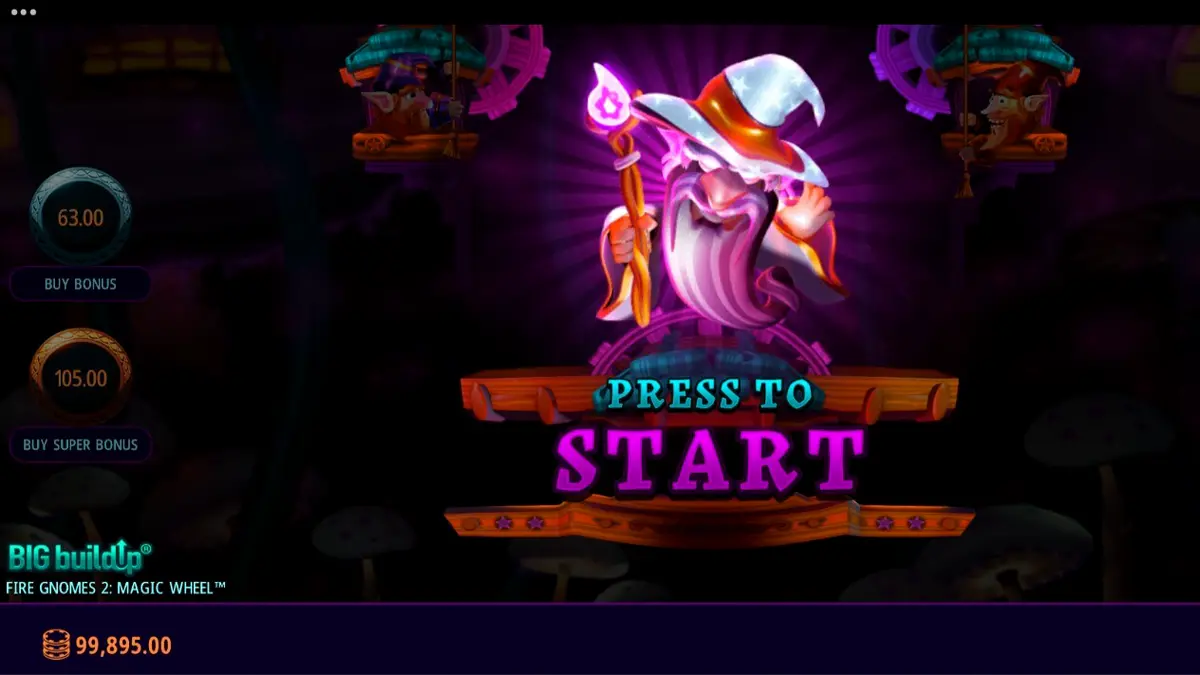 Tampilan visual slot Fire Gnomes 2 Magic Wheel dengan tema jamur dan gnome.