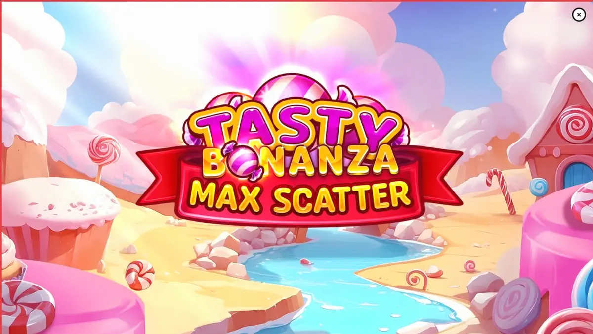 Tampilan visual penuh warna dari slot Tasty Bonanza Max Scatter dengan simbol permen.