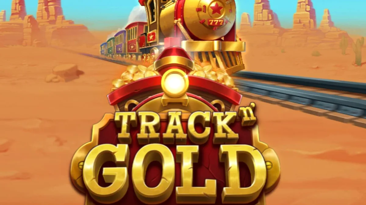 Tampilan visual slot Track’n Gold dengan tema kereta api uap di latar belakang gurun.