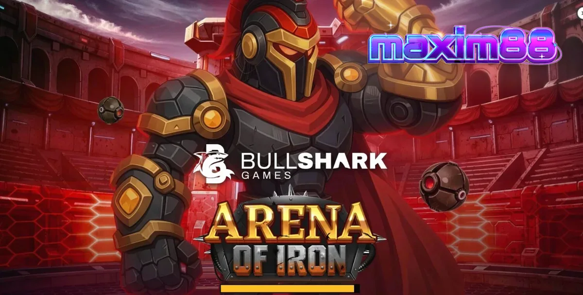 Tampilan visual futuristik dari Arena of Iron dengan robot gladiator di latar belakang